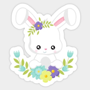 Easter, Cute Bunny, White Bunny, Rabbit, Flowers Sticker